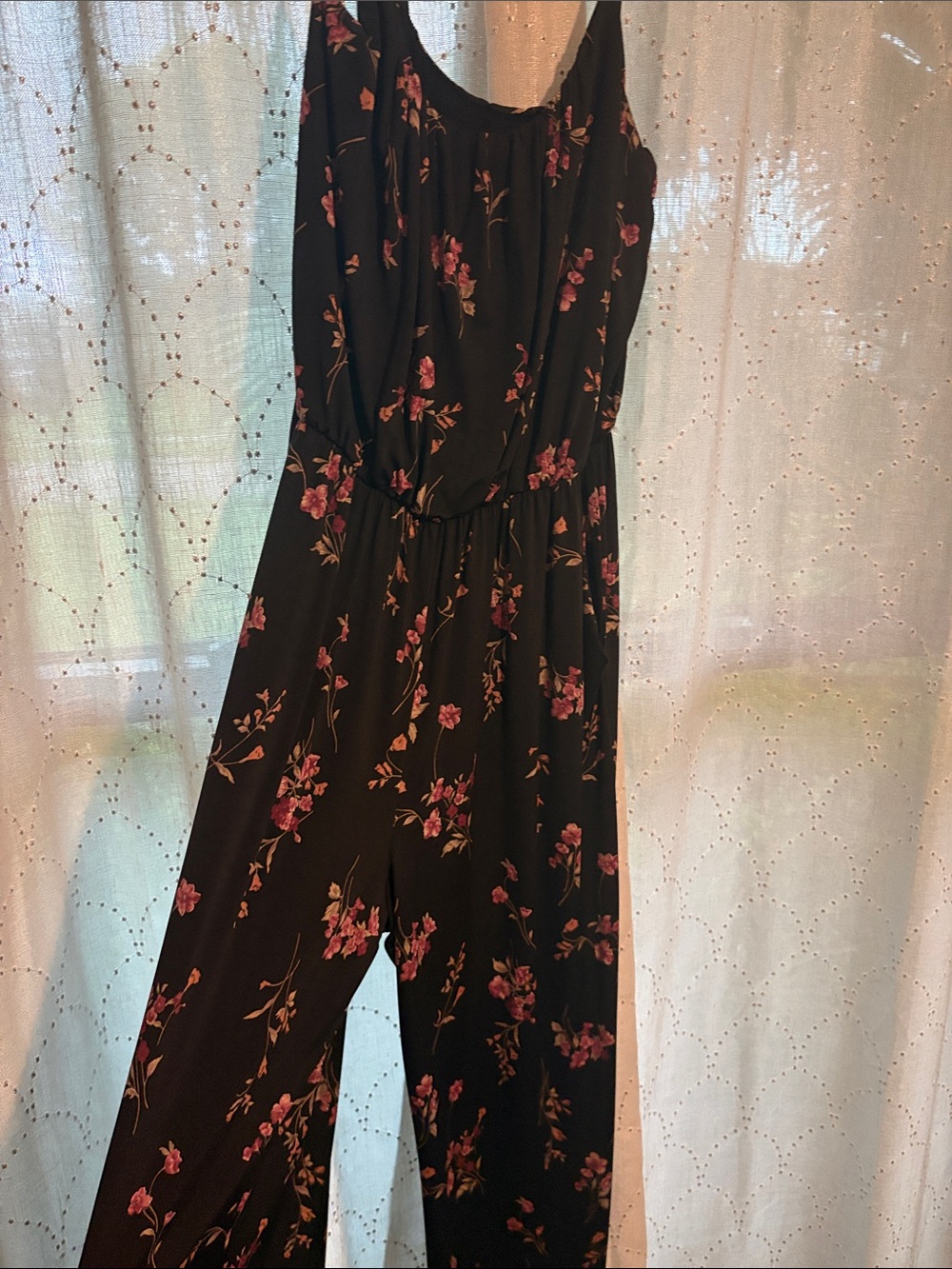 Black Floral Wide-Leg Jumpsuit with pockets Women's